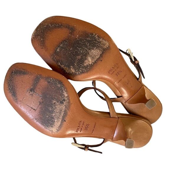 PRADA Leather Seahorse Sandals Kitten Heel Cognac Brown Green Yellow 5.5 - Picture 8 of 14